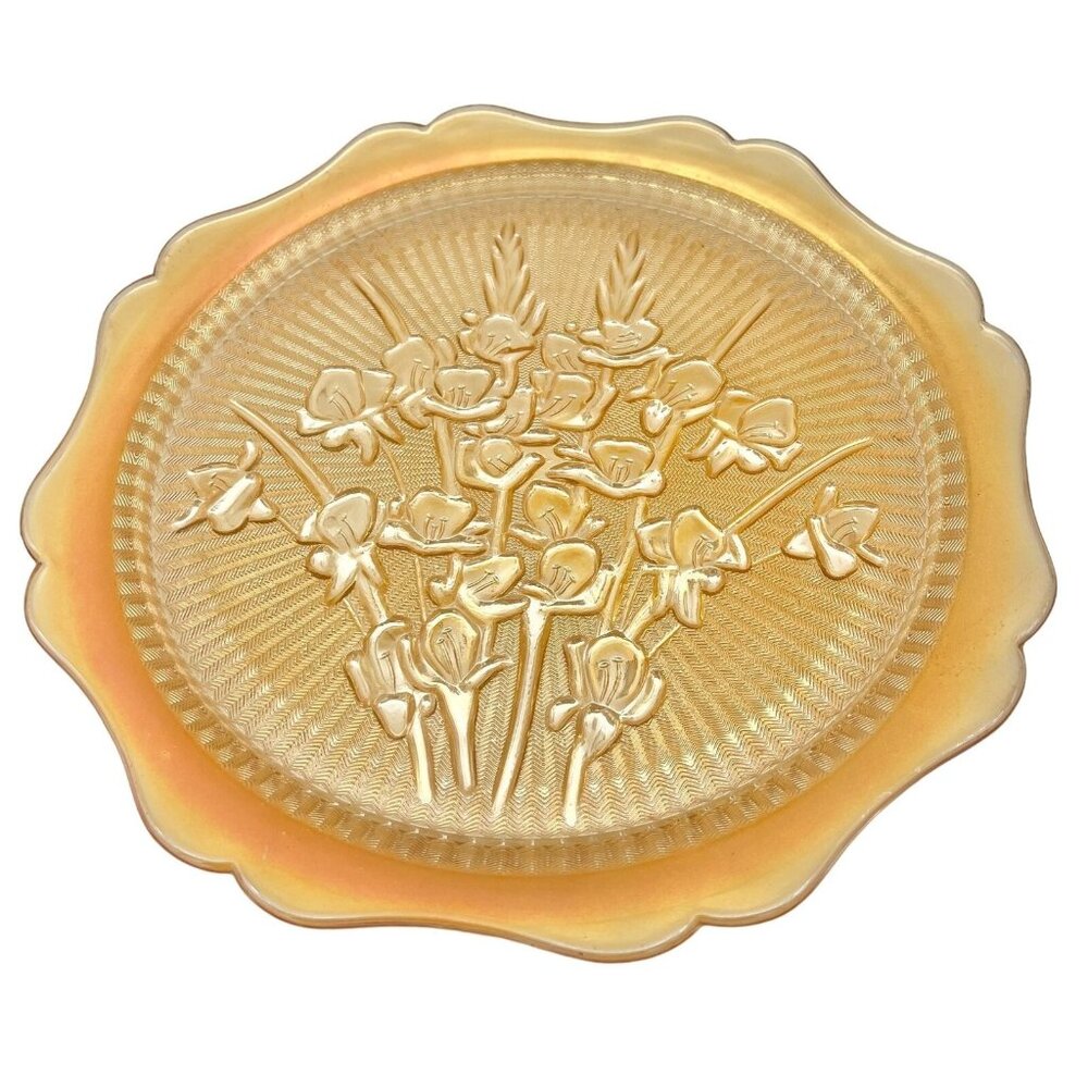 Iridescent Iris & Herringbone Marigold Plate 12 in Vintage Carnival Glass